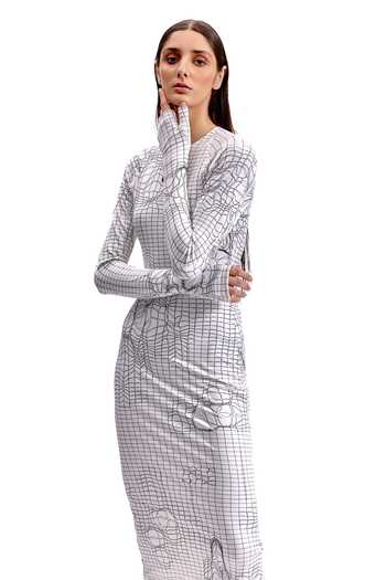 Buy_Cilvr_Black Polyester, Spandex Round Neck Entangled Mesh Midi Dress 