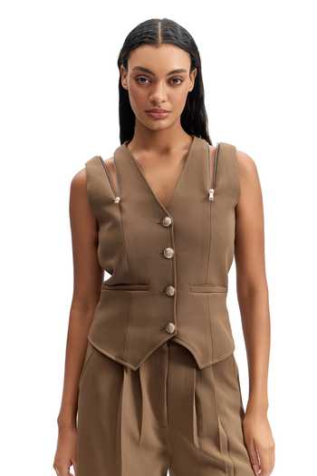 Buy_Cilvr_Brown Viscose, Polyester V-neck Sand Tailored Waistcoat _at_Aza_Fashions