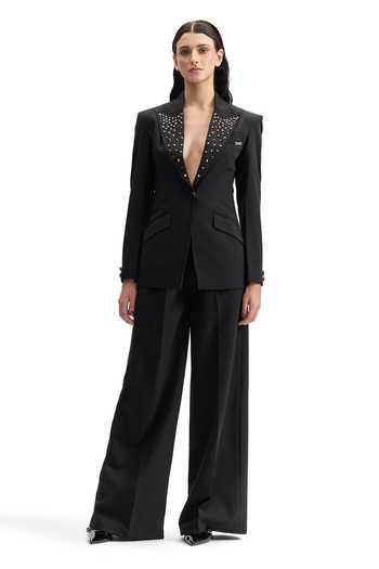 Buy_Cilvr_Black Viscose, Polyester Studded Lapel Obsidian Power Suit Set _at_Aza_Fashions