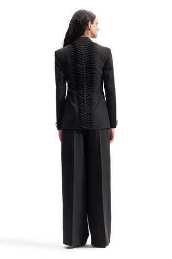 Shop_Cilvr_Black Viscose, Polyester Plunge Neck Studded Lapel Osibian Power Blazer _at_Aza_Fashions