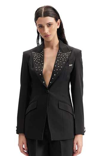 Buy_Cilvr_Black Viscose, Polyester Plunge Neck Studded Lapel Osibian Power Blazer _at_Aza_Fashions