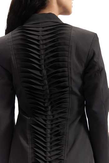 Shop_Cilvr_Black Viscose, Polyester Plunge Neck Studded Lapel Osibian Power Blazer _Online_at_Aza_Fashions