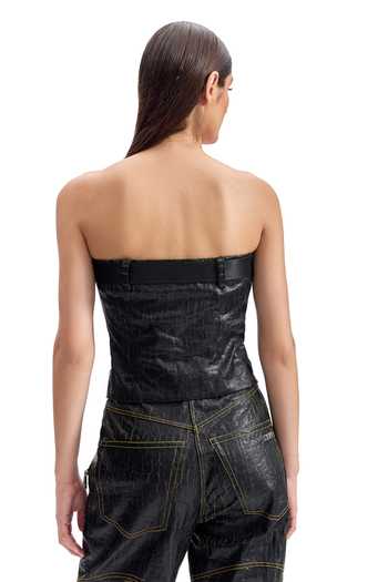 Shop_Cilvr_Black Polyester Buckles Bandeau Neck Cracked Leather Utility Corset Pant Set _at_Aza_Fashions