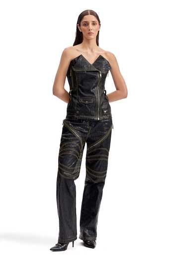 Cilvr_Black Polyester Studs, Buckles Asymmetric Cracked Leather Biker Corset Pant Set _Online_at_Aza_Fashions