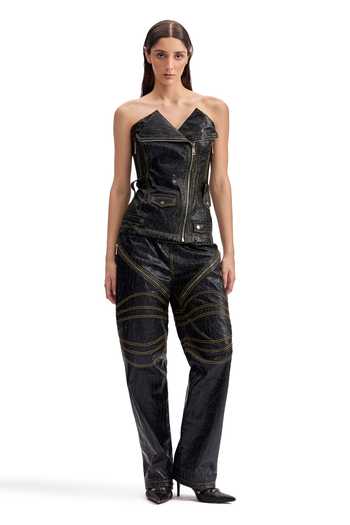 Buy_Cilvr_Black Polyester Studs, Buckles Asymmetric Cracked Leather Biker Corset Pant Set _at_Aza_Fashions