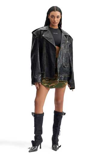 Shop_Cilvr_Black Polyester, Polyurethane Notched Neck Cracked Leather Biker Jacket _at_Aza_Fashions