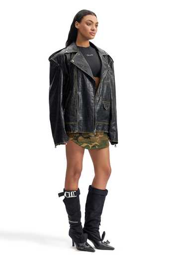 Cilvr_Black Polyester, Polyurethane Notched Neck Cracked Leather Biker Jacket _Online_at_Aza_Fashions