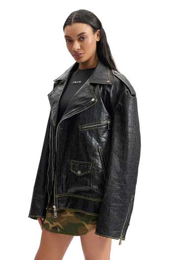 Buy_Cilvr_Black Polyester, Polyurethane Notched Neck Cracked Leather Biker Jacket _Online_at_Aza_Fashions