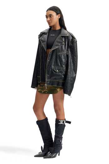 Shop_Cilvr_Black Polyester, Polyurethane Notched Neck Cracked Leather Biker Jacket _Online_at_Aza_Fashions