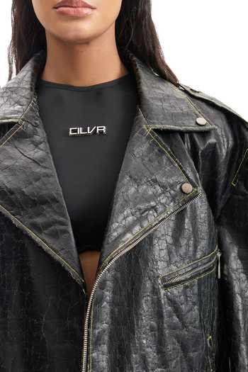 Cilvr_Black Polyester, Polyurethane Notched Neck Cracked Leather Biker Jacket _at_Aza_Fashions