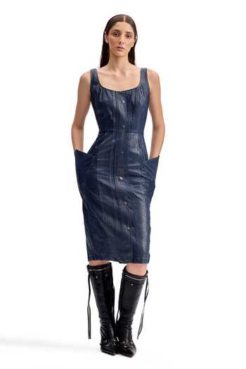 Buy_Cilvr_Blue Cotton Scoop Neck Serpentine Foil Utility Midi Dress _at_Aza_Fashions