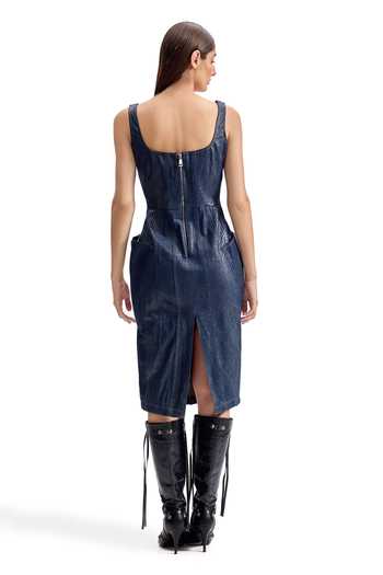 Shop_Cilvr_Blue Cotton Scoop Neck Serpentine Foil Utility Midi Dress _at_Aza_Fashions