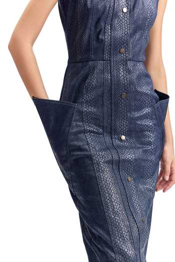 Buy_Cilvr_Blue Cotton Scoop Neck Serpentine Foil Utility Midi Dress _Online_at_Aza_Fashions