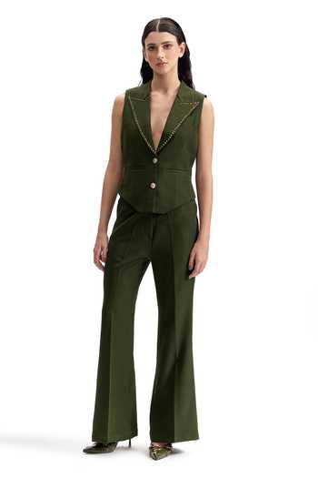 Cilvr_Green Viscose, Polyester V-neck Studded Lapel Waistcoat _Online_at_Aza_Fashions