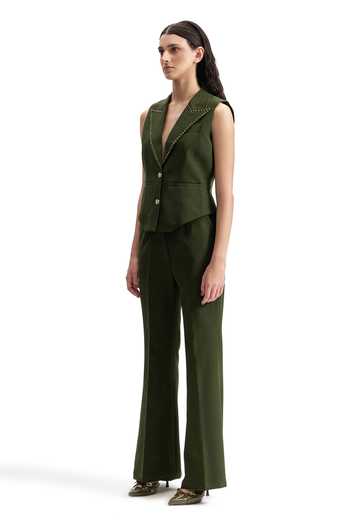 Buy_Cilvr_Green Viscose, Polyester V-neck Studded Lapel Waistcoat _Online_at_Aza_Fashions