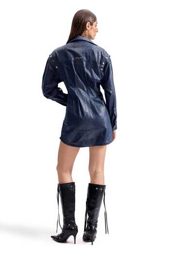 Shop_Cilvr_Blue Cotton Collared Serpentine Foil Trucker Shirt Dress _at_Aza_Fashions