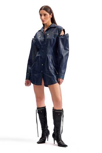 Cilvr_Blue Cotton Collared Serpentine Foil Trucker Shirt Dress _Online_at_Aza_Fashions