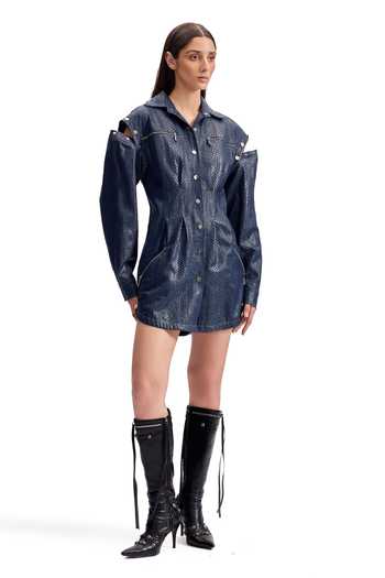 Buy_Cilvr_Blue Cotton Collared Serpentine Foil Trucker Shirt Dress _Online_at_Aza_Fashions