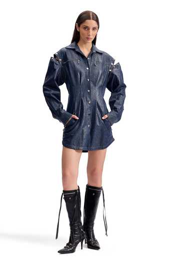 Shop_Cilvr_Blue Cotton Collared Serpentine Foil Trucker Shirt Dress _Online_at_Aza_Fashions