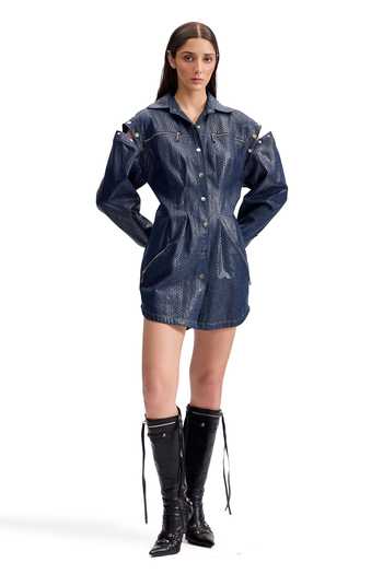 Cilvr_Blue Cotton Collared Serpentine Foil Trucker Shirt Dress _at_Aza_Fashions
