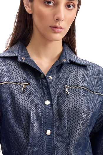 Buy_Cilvr_Blue Cotton Collared Serpentine Foil Trucker Shirt Dress 