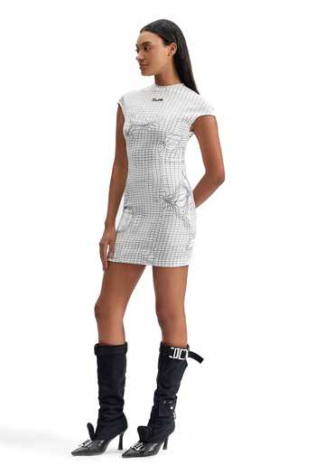 Cilvr_White Polyester, Lycra, Polyurethane High Entangled Mesh Tactical Mini Dress _Online_at_Aza_Fashions