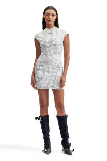 Cilvr_White Polyester, Lycra, Polyurethane High Entangled Mesh Tactical Mini Dress _at_Aza_Fashions
