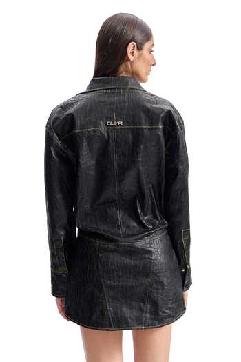 Shop_Cilvr_Black Polyester, Polyurethane Collared Cracked Leather Utility Shirt Dress _at_Aza_Fashions