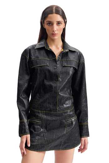 Buy_Cilvr_Black Polyester, Polyurethane Collared Cracked Leather Utility Shirt Dress _at_Aza_Fashions