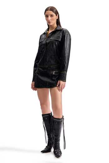 Cilvr_Black Polyester, Polyurethane Collared Cracked Leather Utility Shirt Dress _Online_at_Aza_Fashions