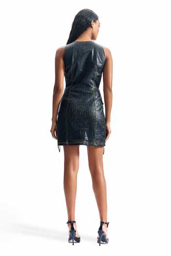 Cilvr_Black Polyester Round Neck Cracked Leather Utility Dress _Online_at_Aza_Fashions