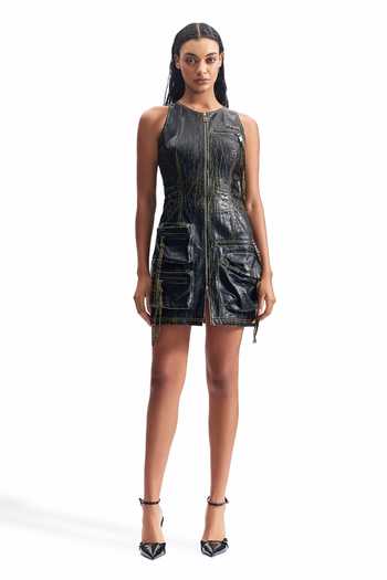 Shop_Cilvr_Black Polyester Round Neck Cracked Leather Utility Dress _Online_at_Aza_Fashions
