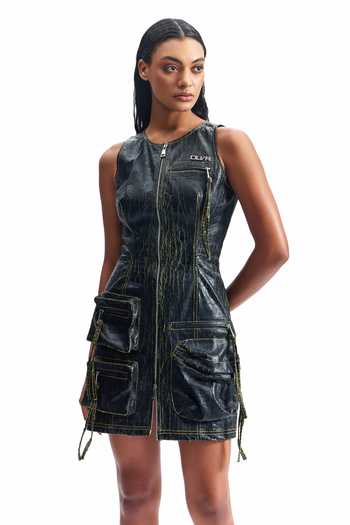 Cilvr_Black Polyester Round Neck Cracked Leather Utility Dress _at_Aza_Fashions