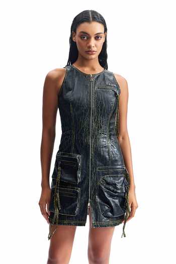 Buy_Cilvr_Black Polyester Round Neck Cracked Leather Utility Dress 