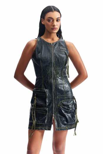 Buy_Cilvr_Black Polyester Round Neck Cracked Leather Utility Dress _at_Aza_Fashions