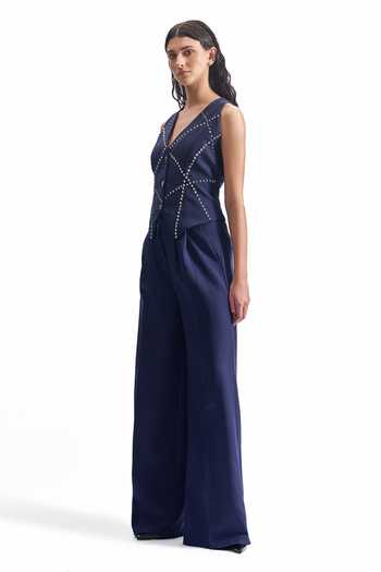 Buy_Cilvr_Navy Viscose, Polyester V-neck Stud Grid Waistcoat And Pant Set _Online_at_Aza_Fashions