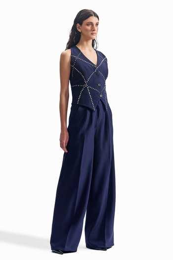 Shop_Cilvr_Navy Viscose, Polyester V-neck Stud Grid Waistcoat And Pant Set _Online_at_Aza_Fashions