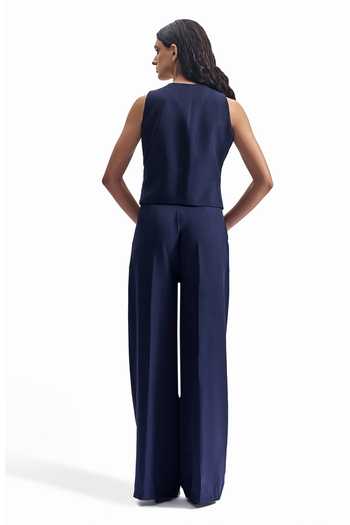 Shop_Cilvr_Navy Viscose, Polyester V-neck Stud Grid Waistcoat And Pant Set _at_Aza_Fashions