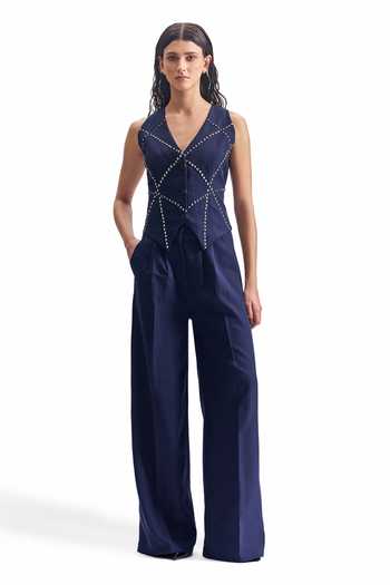 Buy_Cilvr_Navy Viscose, Polyester V-neck Stud Grid Waistcoat And Pant Set _at_Aza_Fashions