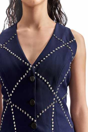 Buy_Cilvr_Navy Viscose, Polyester V-neck Stud Grid Waistcoat And Pant Set 