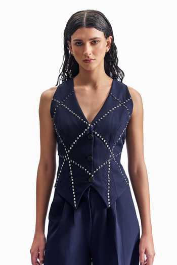Buy_Cilvr_Navy Viscose, Polyester V-neck Stud Grid Tailored Waistcoat _at_Aza_Fashions