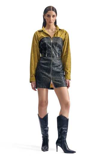 Cilvr_Mustard Polyester Collared, Sweetheart Neck Cracked Leather Hybrid Shirt Dress _Online_at_Aza_Fashions