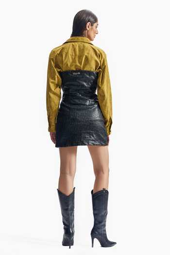 Shop_Cilvr_Mustard Polyester Collared, Sweetheart Neck Cracked Leather Hybrid Shirt Dress _at_Aza_Fashions