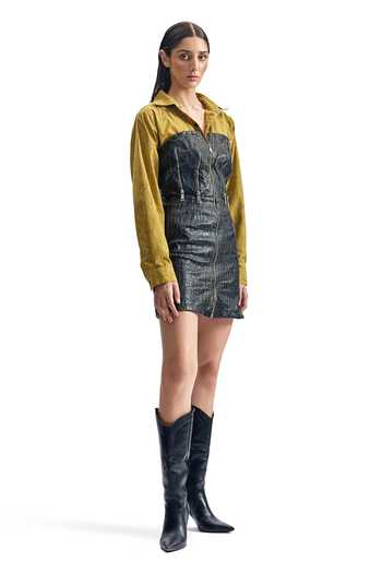 Buy_Cilvr_Mustard Polyester Collared, Sweetheart Neck Cracked Leather Hybrid Shirt Dress _Online_at_Aza_Fashions