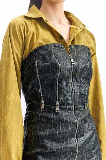Shop_Cilvr_Mustard Polyester Collared, Sweetheart Neck Cracked Leather Hybrid Shirt Dress _Online_at_Aza_Fashions
