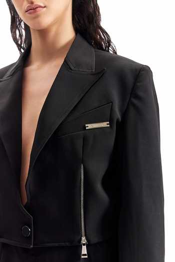 Cilvr_Black Viscose, Polyester Plunge Neck Cropped Zip Front Blazer And Skirt Set _at_Aza_Fashions