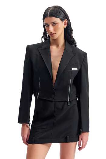 Buy_Cilvr_Black Viscose, Polyester Plunge Neck Cropped Zip Front Blazer And Skirt Set 