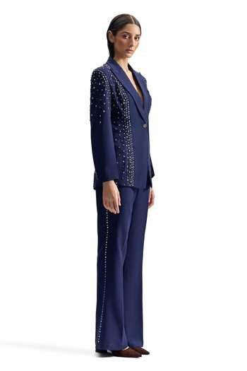 Buy_Cilvr_Navy Viscose, Polyester Stud Armour Tailored Blazer Set _Online_at_Aza_Fashions