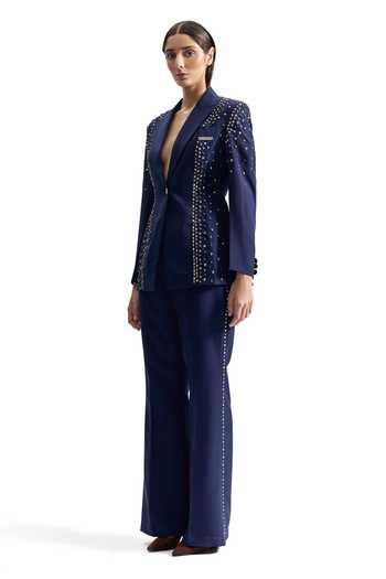 Shop_Cilvr_Navy Viscose, Polyester Stud Armour Tailored Blazer Set _Online_at_Aza_Fashions