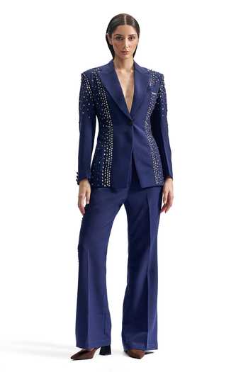 Cilvr_Navy Viscose, Polyester Stud Armour Tailored Blazer Set _at_Aza_Fashions